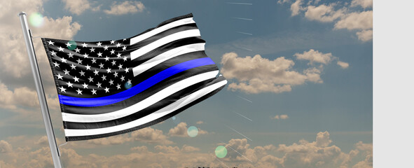 Thin Blue Line Wavy American Flag in Support of Police and Law Enforcement