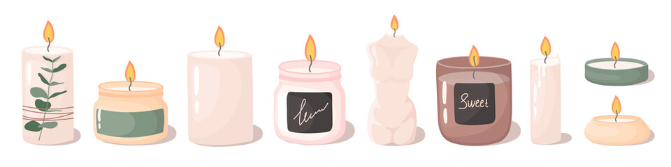 paraffin aromatic candles for aroma therapy isolated on light background. Cute hygge home decoration, holiday decorative design element. Flat cartoon colorful vector illustration.