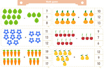  Math game for children. Addition and subtraction. The score is 1-20. Find the correct answer