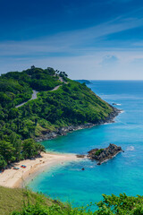 Fototapeta premium Yanui Beach and Beautiful Andaman sea from Windmill View Point near Laem Promthep Cape, Phuket Island, Thailand