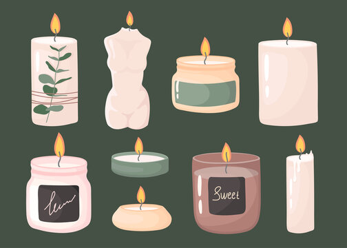 paraffin aromatic candles for aroma therapy isolated on light background. Cute hygge home decoration, holiday decorative design element. Flat cartoon colorful vector illustration.
