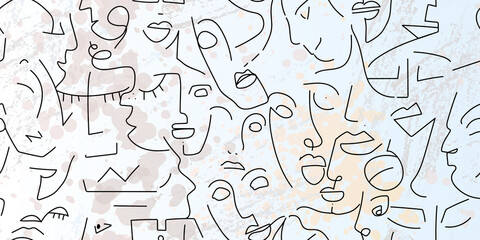 One line drawing. Abstract face seamless pattern.