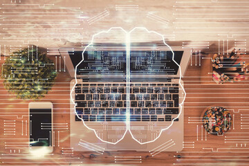 Multi exposure of brain sketch hologram over topview work table background with computer. Concept of big data.