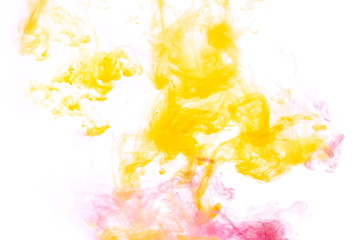 Bright pink and yellow acrylic paint swirling in water. Ink moving in liquid creating abstract...