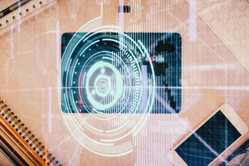 Obraz premium Multi exposure of technology theme drawing over work table desktop. Top view. Global data analysis concept.