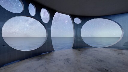 Architecture interior background room with sea view at night 3d render