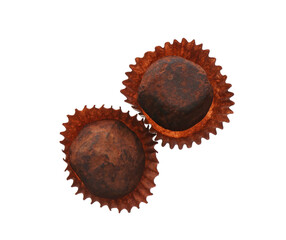 Delicious chocolate candies on white background, top view