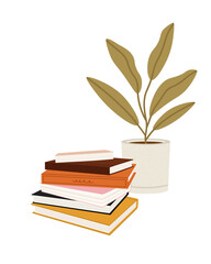 Vector illustration of the stack of books, and home plant, isolated on white. Hand-drawn set. Objects for learning, reading, school tools. Suitable for book shops, and publishing houses.