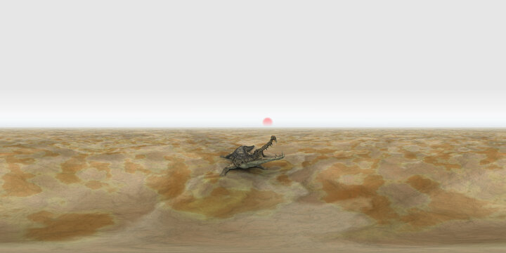 360 Grad Panorama mit dem prähistorischen Krokodil Kaprosuchus in einer Landschaft