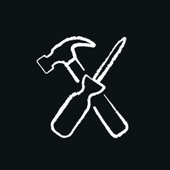 Screwdriver and hammer chalk icon. Vector black illustration.
