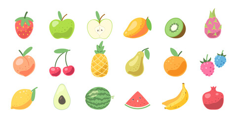 Set of cute fruits. Natural vitamins, organic tropical fruits. Vector symbols illustration isolated on white background
