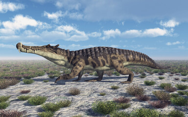 Prähistorisches Krokodil Kaprosuchus in einer Landschaft