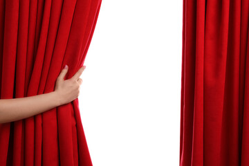 Woman opening red front curtains on white background, closeup - obrazy, fototapety, plakaty