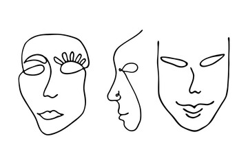 Modern vector illustration. Hand drawing abstract female faces line art isolated on white background.