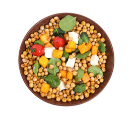 Dish with delicious fresh chickpea salad isolated on white, top view