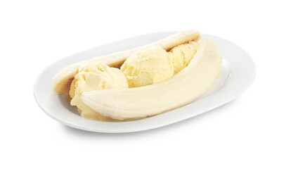 Delicious banana split ice cream isolated on white