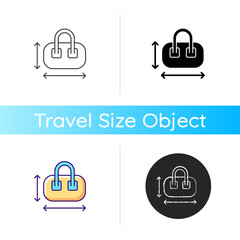 Hand luggage size icon. Measuring baggage for flight passenger. Portable amenities. Essential things for tourist. Travel size objects. Linear black and RGB color styles. Isolated vector illustrations