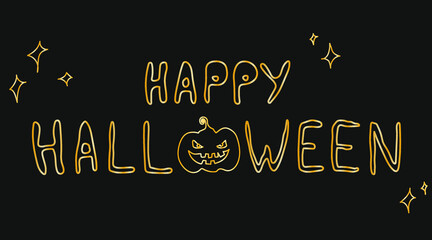 Happy halloween gold lettering text. Cute pumpkin, stars poster, banner, brochure.