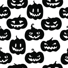 Cute white pattern with pumpkins black various expressions. Seamless background. Textiles for children. Minimalism paper scrapbook for kids.