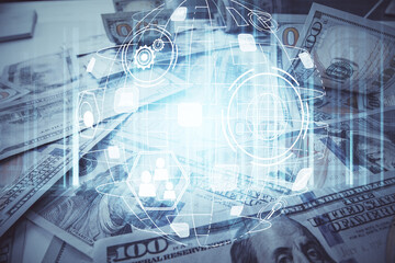 Multi exposure of social network drawing over us dollars bill background. Concept of people connection.
