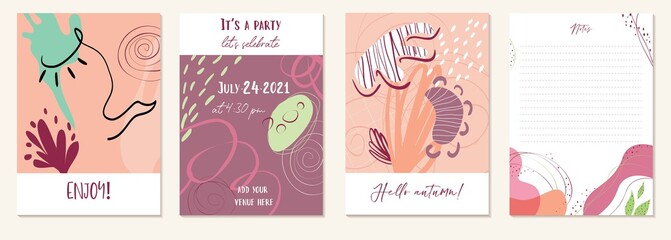Set of abstract creative universal artistic templates. Good for poster, card, invitation, flyer, cover, banner, placard, brochure and other graphic design. Trendy natural and pastel colors. Vector.