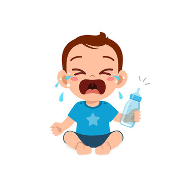 cute little baby boy cry holding empty milk bottle