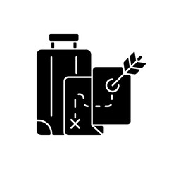 Saggitatourism black glyph icon. Dart mark on map to decide journey destination. Tourism type. Plan vacation. Travel industry category. Silhouette symbol on white space. Vector isolated illustration
