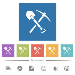 shovel and pickaxe flat white icons in square backgrounds