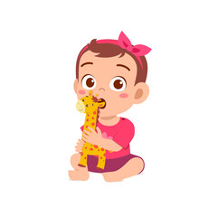 cute little baby girl playing with animal doll