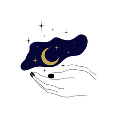 Dłonie z czarnymi paznokciami trzymające kawałek nieba. Kobiece dłonie w minimalistycznym stylu z księżycem i gwiazdami. Magiczna ilustracja do logo, na kartki ślubne, tatuaż. Ilustracja wektorowa.