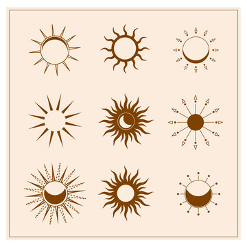 Logo desing- sun. Set of linear icons and symbols in boho style. Abstract design elements for decoration in modern minimalist style.