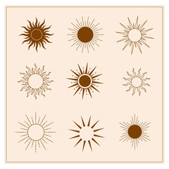Logo desing- sun. Set of linear icons and symbols in boho style.