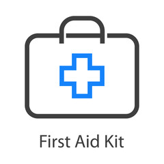Logo con texto First Aid Kit con maletín con cruz con lineas en color gris y azul
