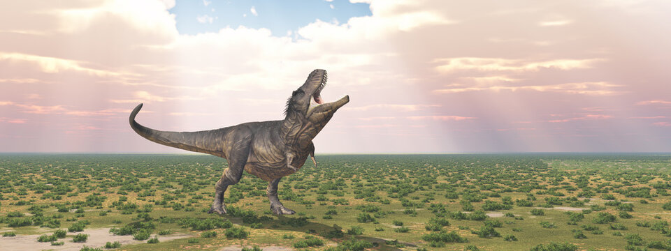 Tyrannosaurus Rex in einer Landschaft mit Sonnenstrahlen