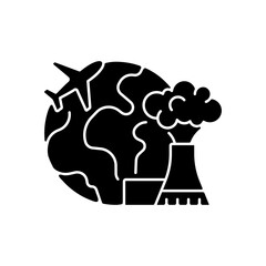 Atomic tourism black glyph icon. Nuclear industry exploration abroad. Flight to foreign country. Industrial discovery. Travel industry. Silhouette symbol on white space. Vector isolated illustration