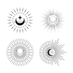 Set of celestial moon with sunburst logo. Minimal tattoo flat vector design