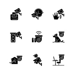 Surveillance camera usage black glyph icons set on white space. Election observation. Pet control. Motion detection. Workers productivity. Silhouette symbols. Vector isolated illustration