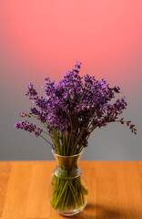 Concept photo with a beautiful bouquet of purple lavender flowers in a vase. Vivid color details. Floral photography.