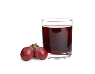 Glass of freshly made grape juice on white background
