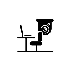 Workers productivity improvement with surveillance camera black glyph icon. Recording conversations. Digital activities monitoring. Silhouette symbol on white space. Vector isolated illustration