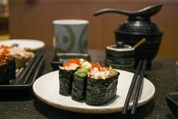 The flat lay of Japanese restaurant table