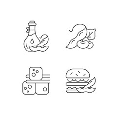 Soybeans cooking linear icons set. Healthy meals with organic ingredients. Vegeterin lifestyle. Customizable thin line contour symbols. Isolated vector outline illustrations. Editable stroke