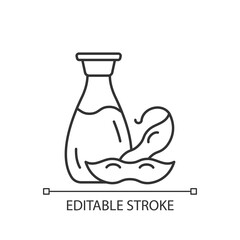 Soy sauce linear icon. Salty ingredient added to meals. Vegeterian foods types. Thin line customizable illustration. Contour symbol. Vector isolated outline drawing. Editable stroke