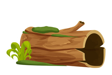 Old wood, tree log, trunk with moss and grass empty in cartoon style isolated on white background. Forest clip art, old and broken piece, part. . Vector illustration