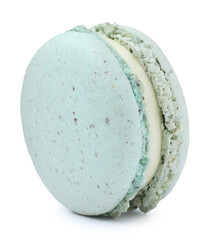 Light blue macaron isolated on white. Delicious dessert