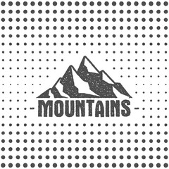 Hand drawn wilderness old style typography poster with retro mountains. Letterpress Print Rubber Stamp Effect. Halftone hand drawn background. Mountain label. vintage mountains badge design