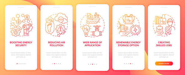 Hydrogen fuel benefits onboarding mobile app page screen. Wide application range walkthrough 5 steps graphic instructions with concepts. UI, UX, GUI vector template with linear color illustrations
