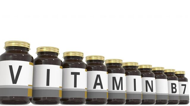 VITAMIN B7 text on the labels of medical bottles. 3d animation