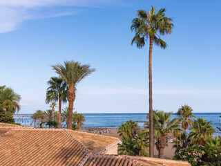 Fototapeta na wymiar Sea view in Benalmadena, a resort on the Costa del Sol near Malaga. Andalusia, Spain. Roofs, palm trees, beach