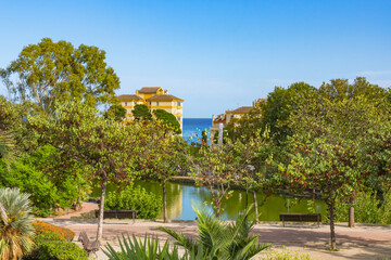 Views of the city public park of Paloma (Parque De La Paloma) in Benalmadena, a resort on the Costa del Sol near Malaga. Andalusia, Spain